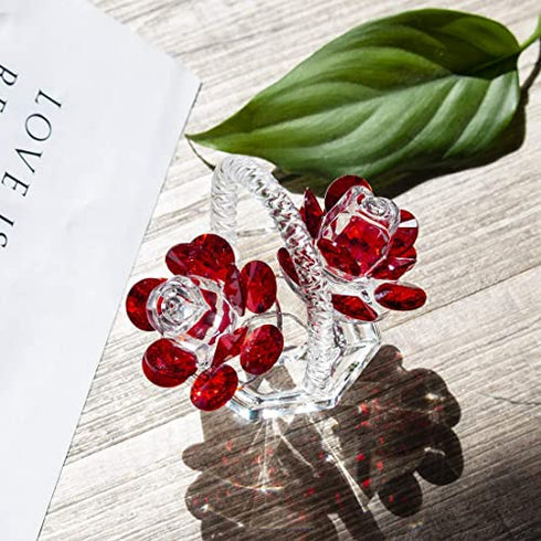 Crystal Red Rose Flower Basket Crystal Collectible Figurines Ornaments for Home Decor